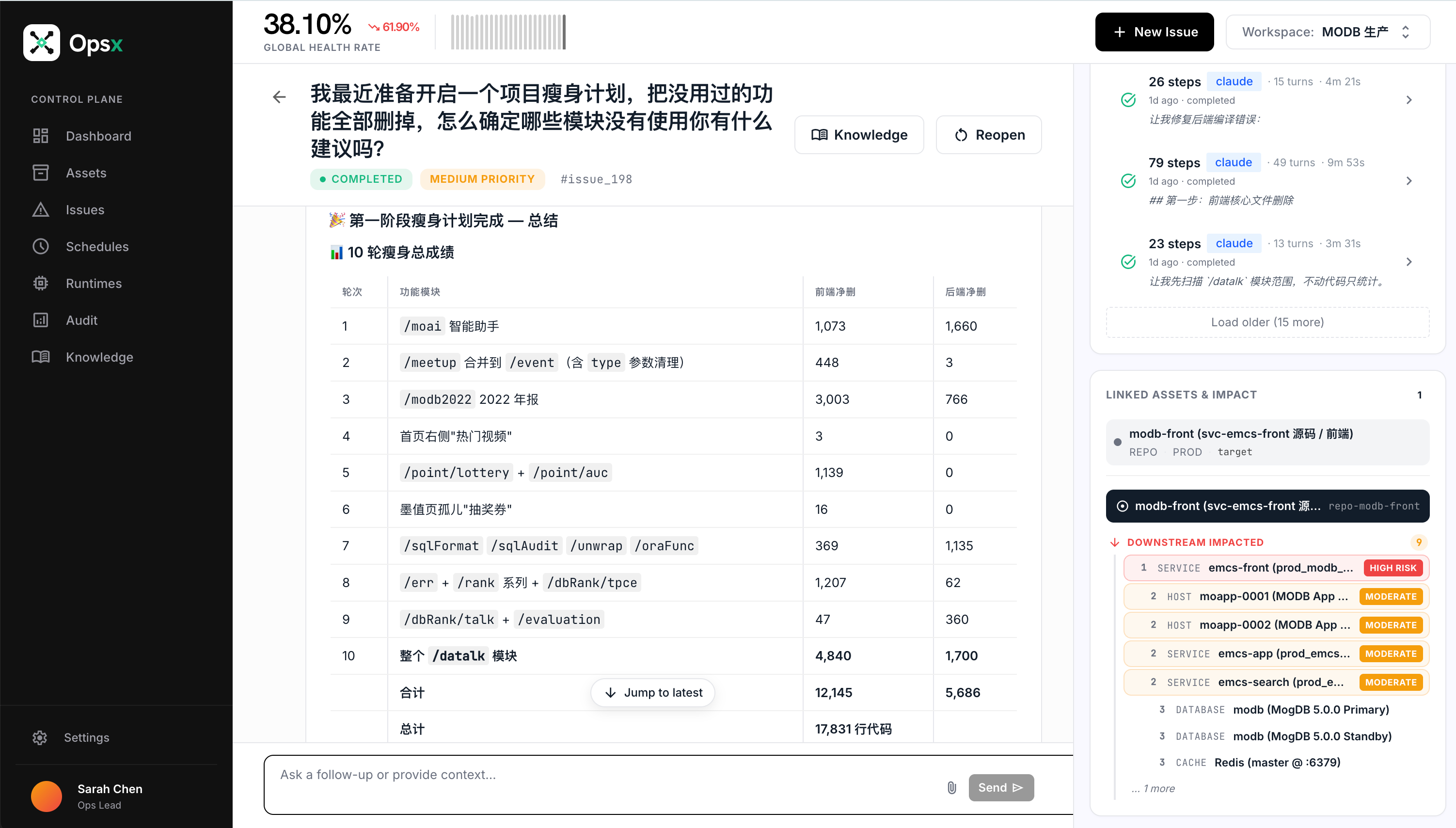 issue_198 的执行视图，包含瘦身模块与代码行数统计